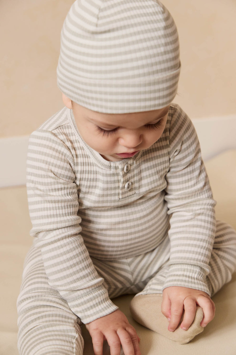 Organic Cotton Modal Long Sleeve Bodysuit - Narrow Stripe Moss/Cloud Childrens Bodysuit from Jamie Kay NZ