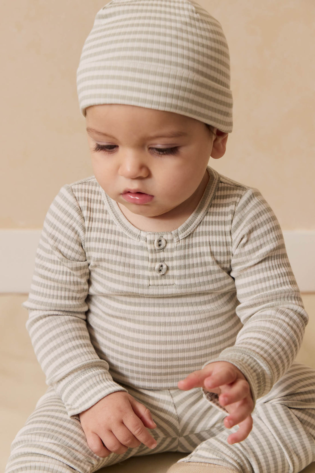 Organic Cotton Modal Lennon Beanie - Narrow Stripe Moss/Cloud Childrens Beanie from Jamie Kay NZ