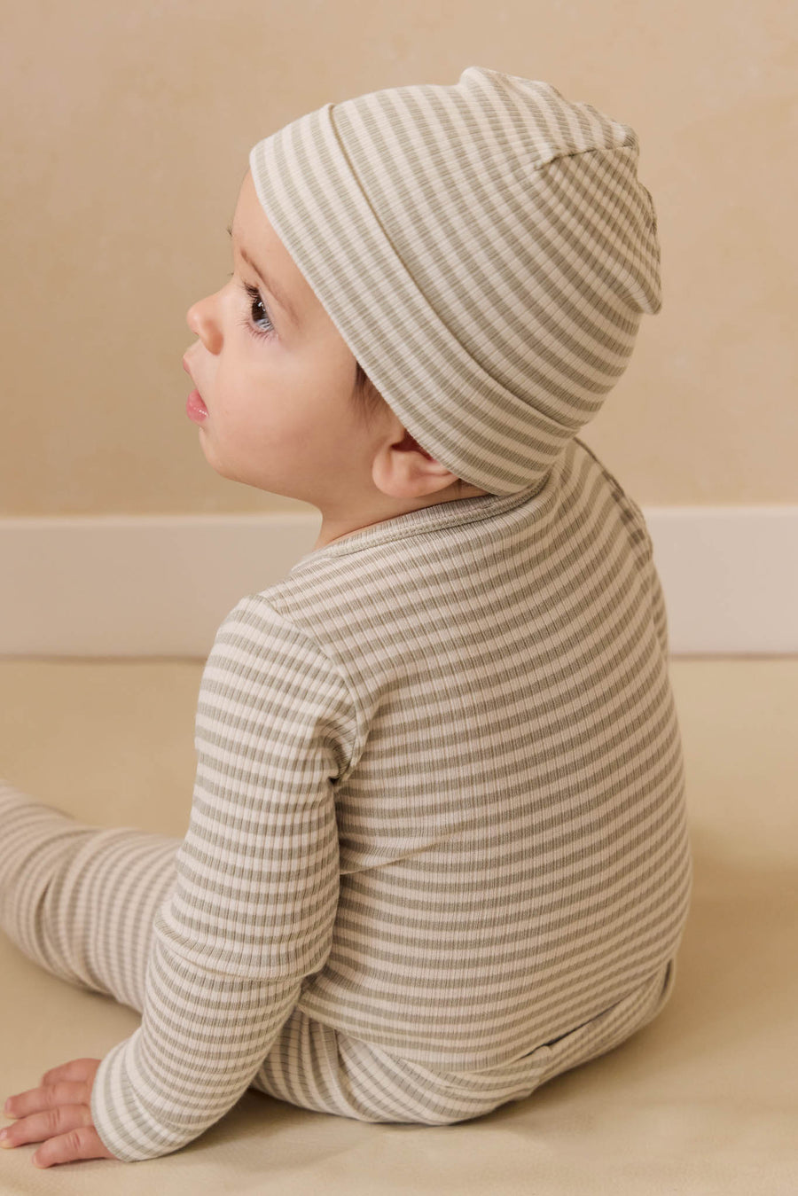 Organic Cotton Modal Long Sleeve Bodysuit - Narrow Stripe Moss/Cloud Childrens Bodysuit from Jamie Kay NZ