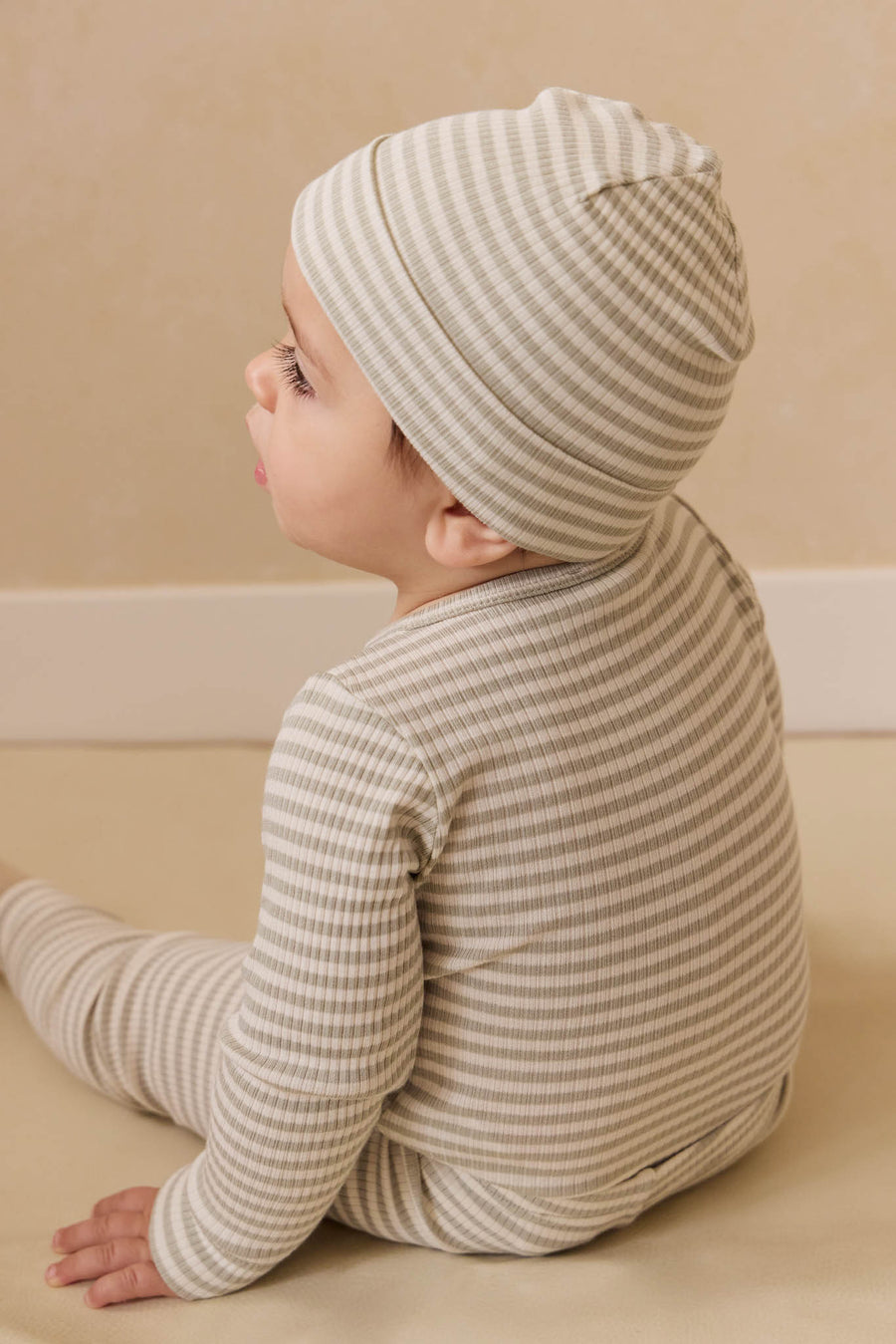 Organic Cotton Modal Lennon Beanie - Narrow Stripe Moss/Cloud Childrens Beanie from Jamie Kay NZ