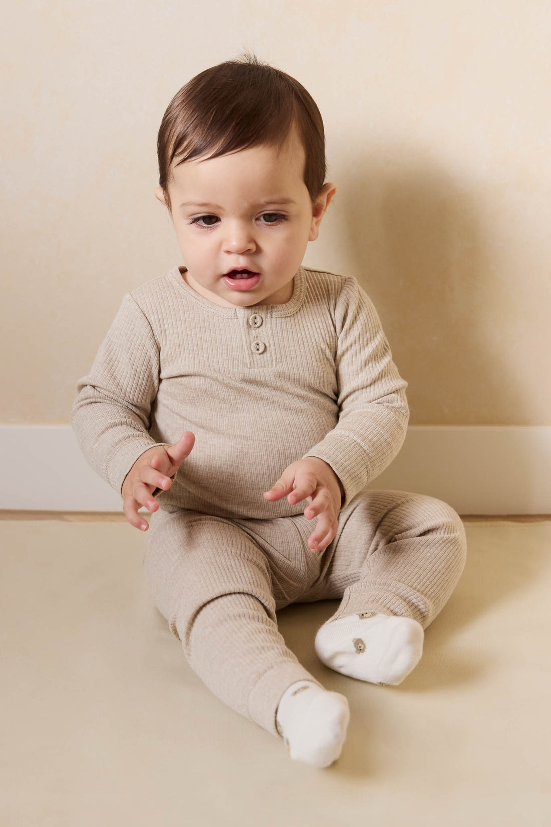 Organic Cotton Modal Long Sleeve Bodysuit - Biscuit Marle Childrens Bodysuit from Jamie Kay NZ