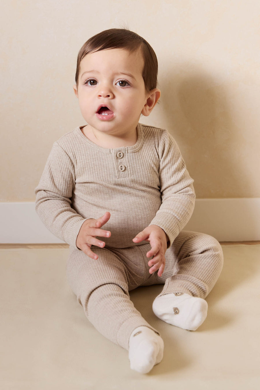 Organic Cotton Modal Long Sleeve Bodysuit - Biscuit Marle Childrens Bodysuit from Jamie Kay NZ