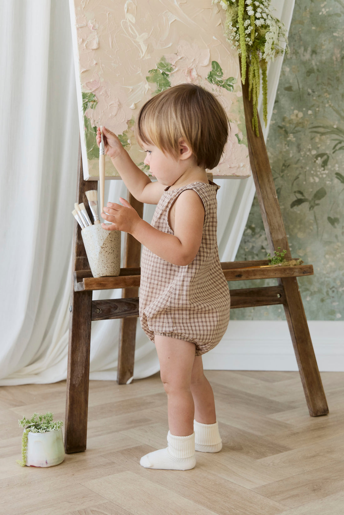 Organic Cotton Bentley Playsuit - Cabin Check Cocoa Childrens Playsuit from Jamie Kay NZ