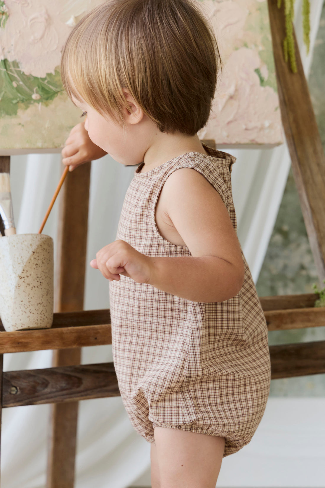 Organic Cotton Bentley Playsuit - Cabin Check Cocoa Childrens Playsuit from Jamie Kay NZ