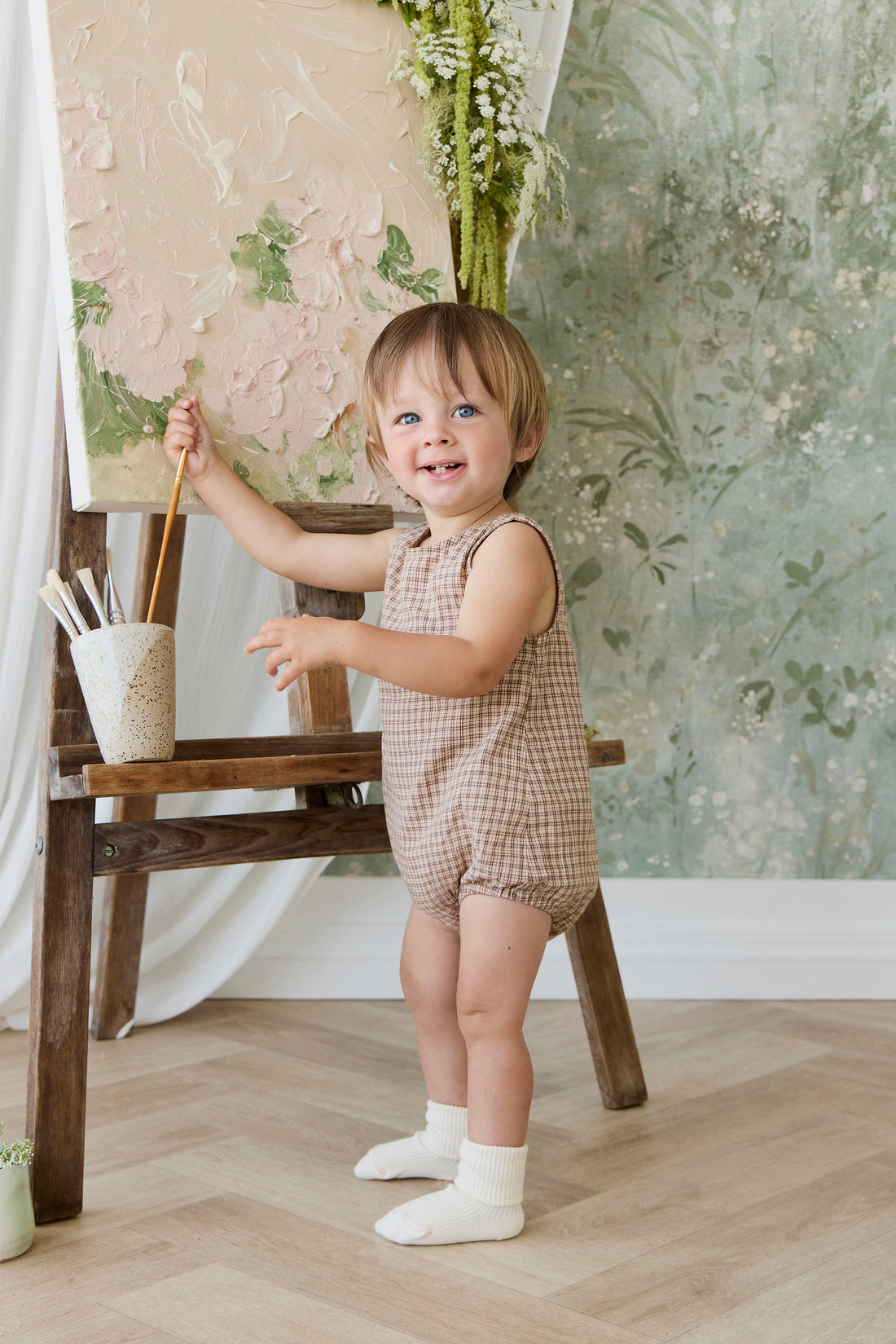 Organic Cotton Bentley Playsuit - Cabin Check Cocoa Childrens Playsuit from Jamie Kay NZ
