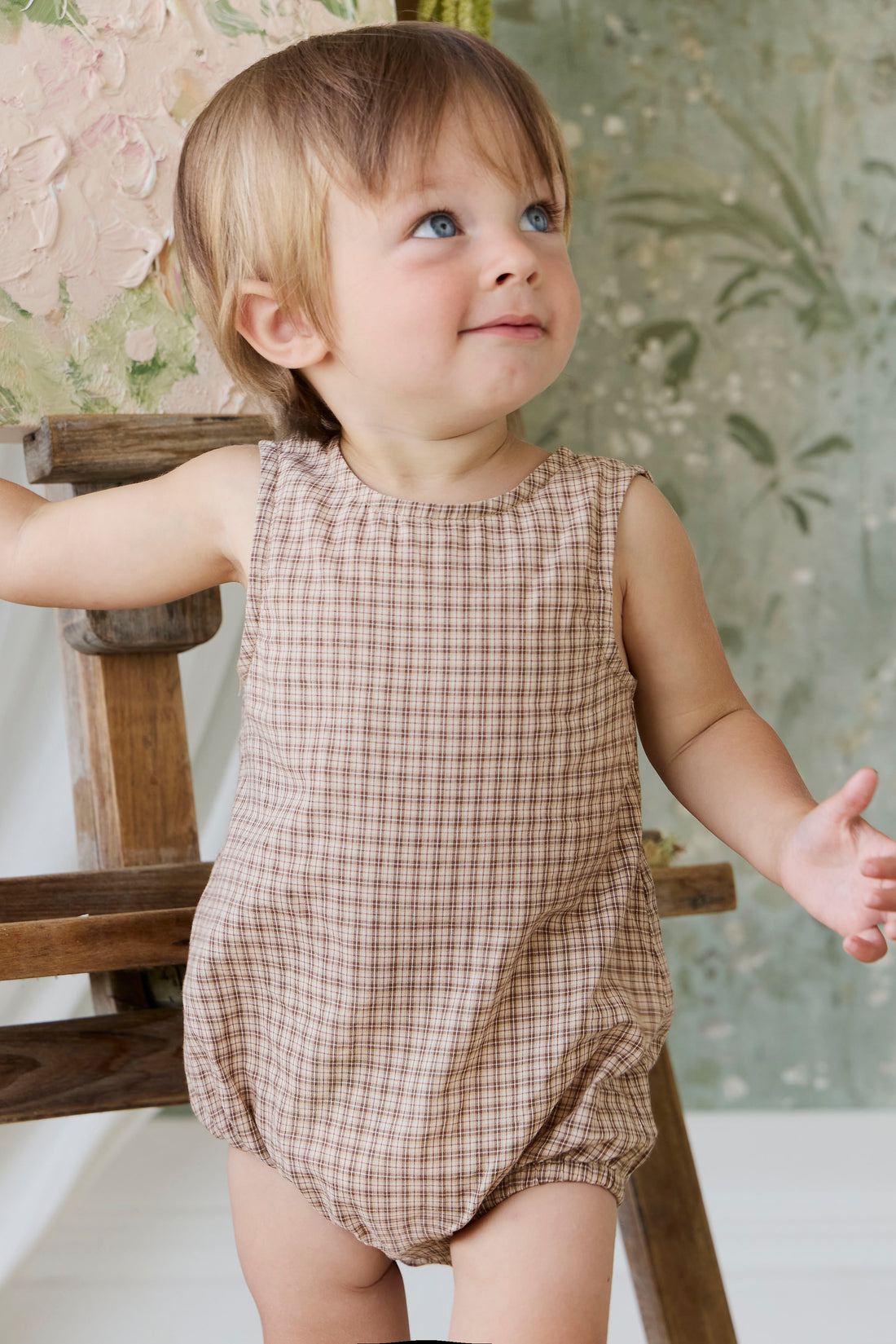 Organic Cotton Bentley Playsuit - Cabin Check Cocoa Childrens Playsuit from Jamie Kay NZ