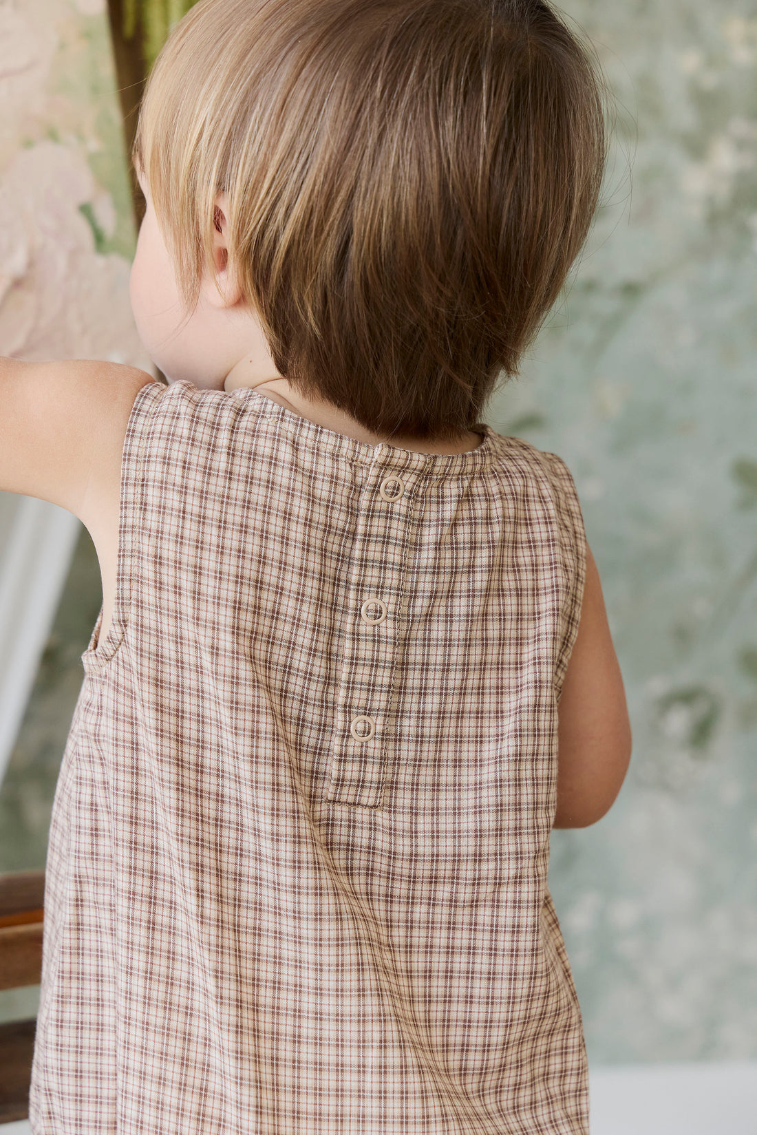 Organic Cotton Bentley Playsuit - Cabin Check Cocoa Childrens Playsuit from Jamie Kay NZ