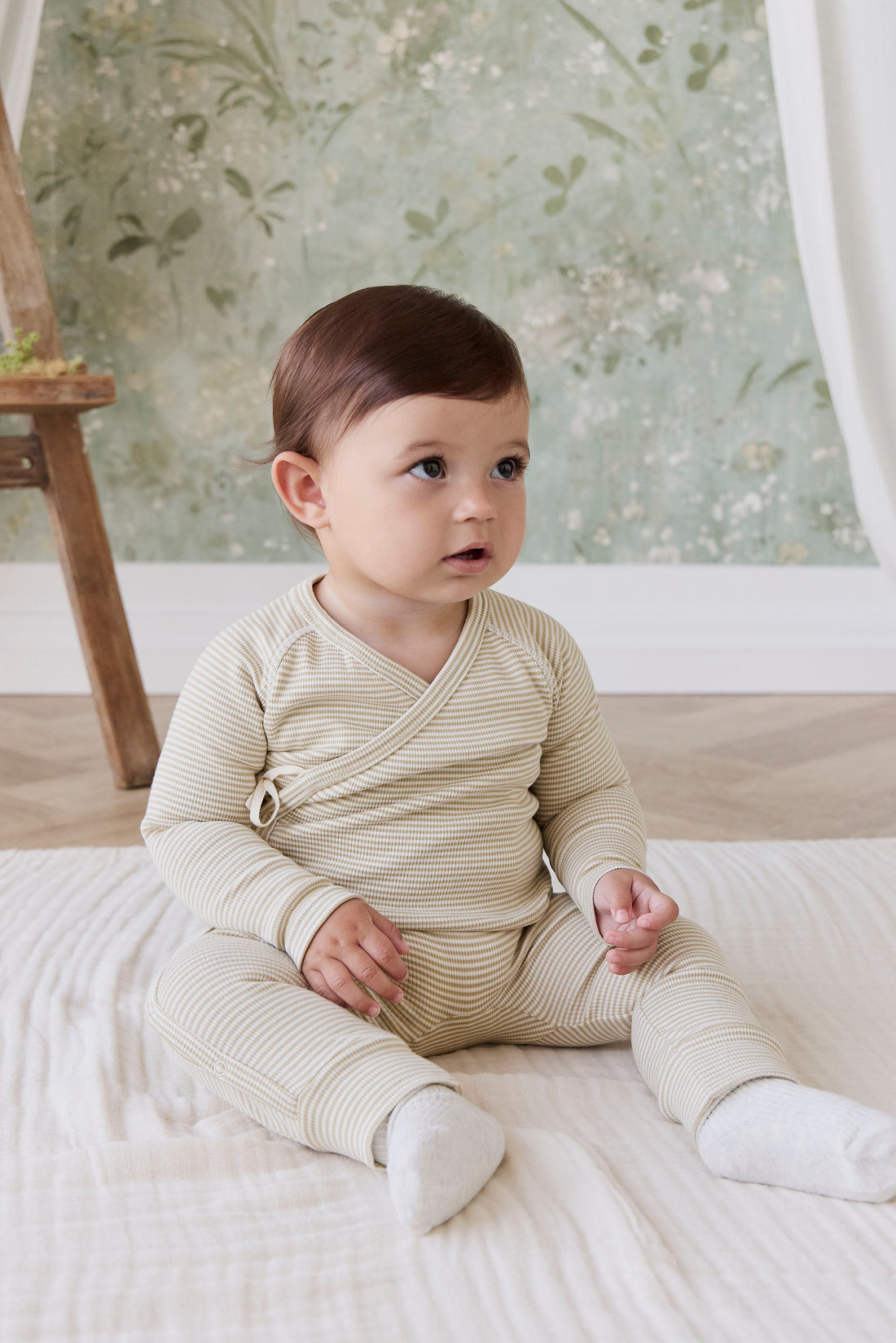 Organic Cotton Fine Rib Micah Wrap Onepiece - Petite Stripe Hay/Cloud Childrens Onepiece from Jamie Kay NZ