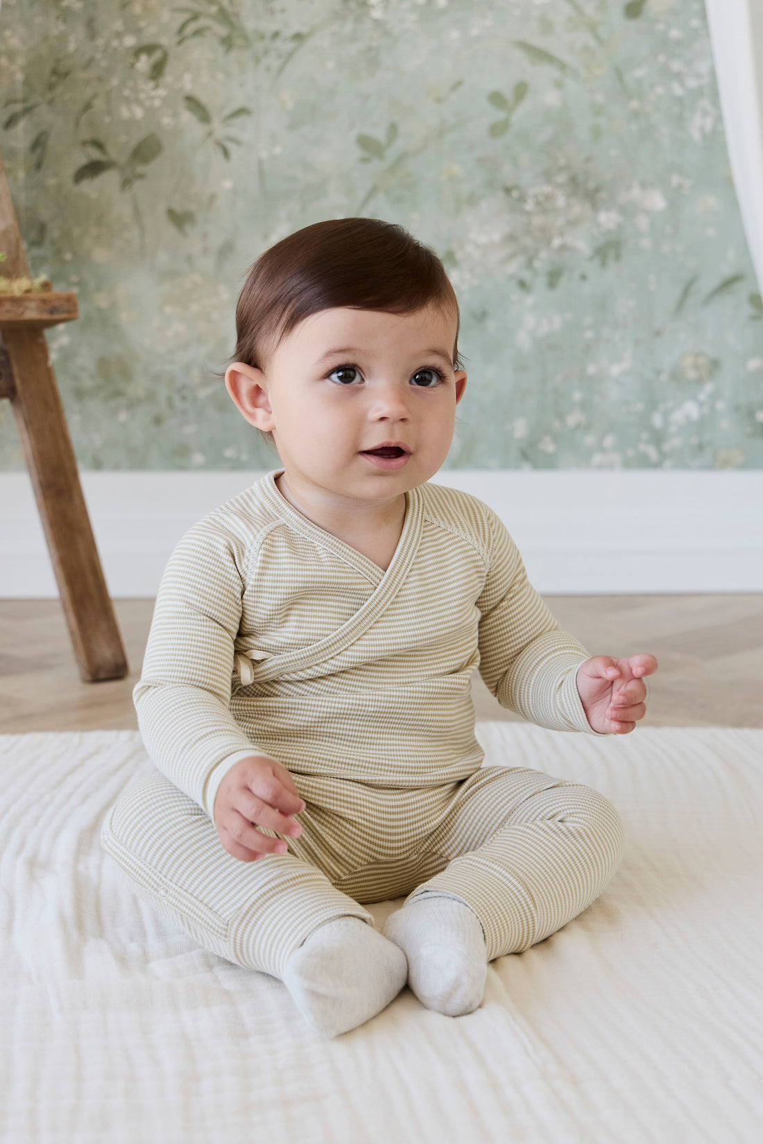 Organic Cotton Fine Rib Micah Wrap Onepiece - Petite Stripe Hay/Cloud Childrens Onepiece from Jamie Kay NZ