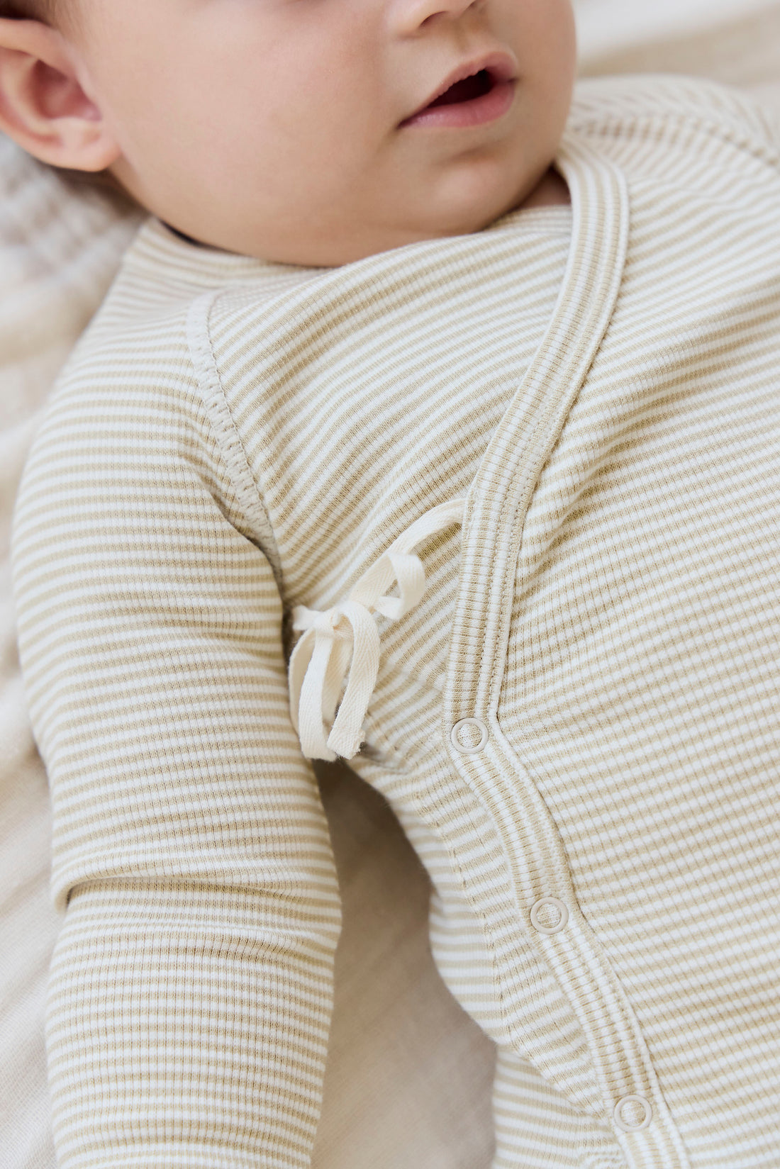 Organic Cotton Fine Rib Micah Wrap Onepiece - Petite Stripe Hay/Cloud Childrens Onepiece from Jamie Kay NZ