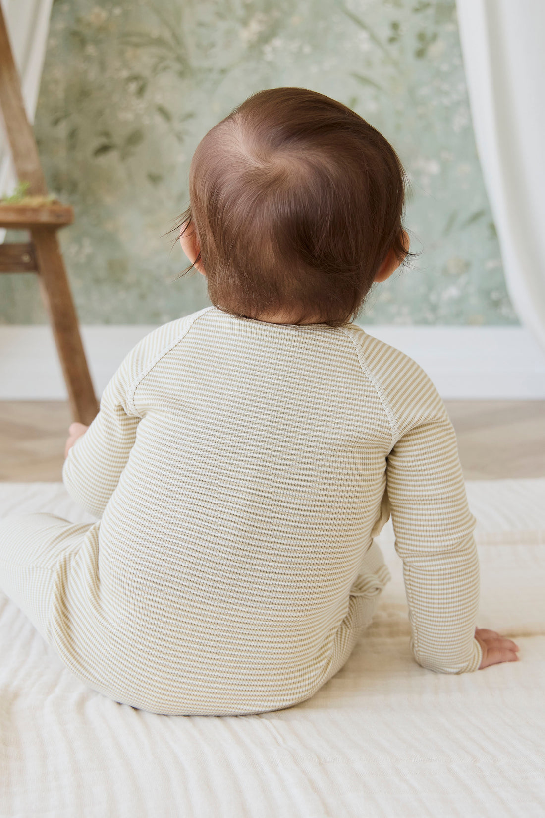 Organic Cotton Fine Rib Micah Wrap Onepiece - Petite Stripe Hay/Cloud Childrens Onepiece from Jamie Kay NZ