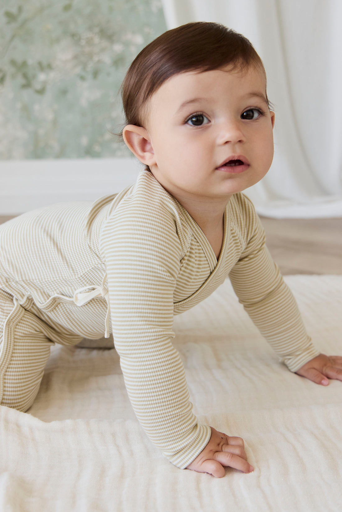 Organic Cotton Fine Rib Micah Wrap Onepiece - Petite Stripe Hay/Cloud Childrens Onepiece from Jamie Kay NZ