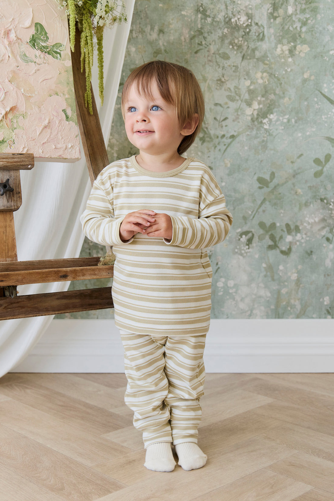 Pima Cotton Arnold Long Sleeve Top - Double Stripe Hay/Cloud Childrens Top from Jamie Kay NZ