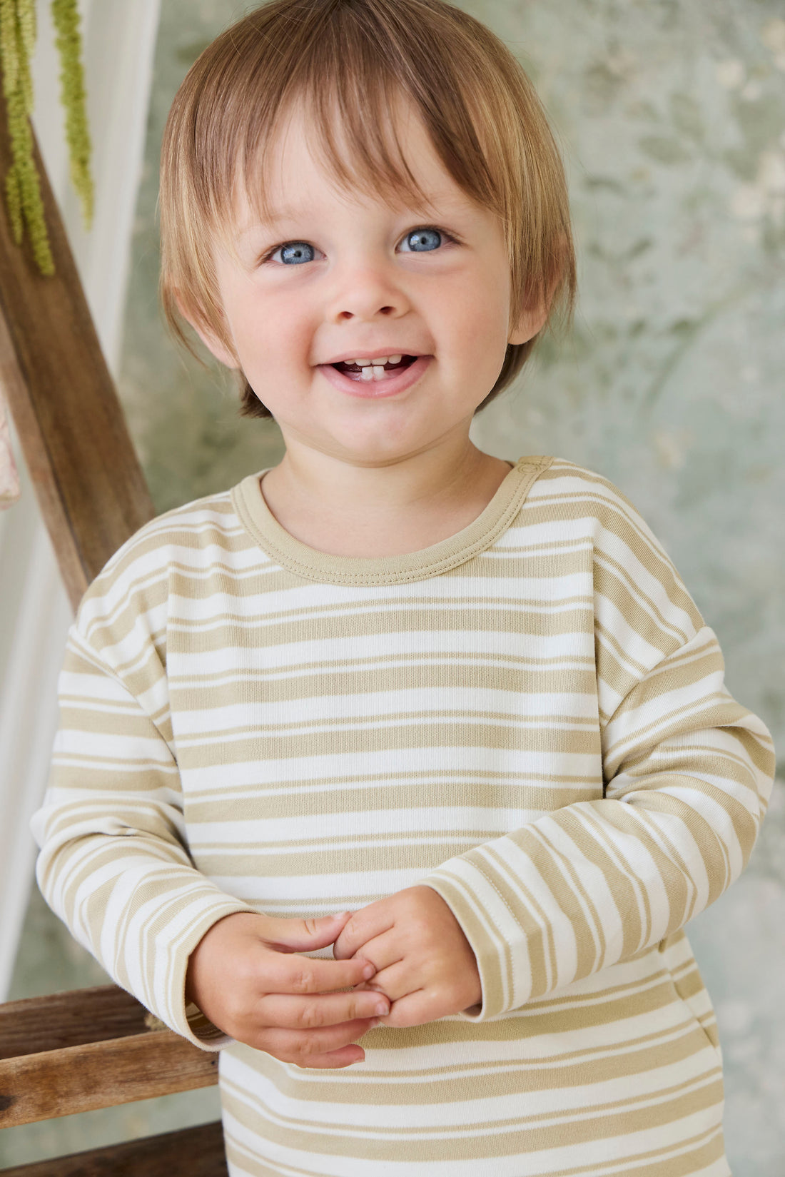Pima Cotton Arnold Long Sleeve Top - Double Stripe Hay/Cloud Childrens Top from Jamie Kay NZ