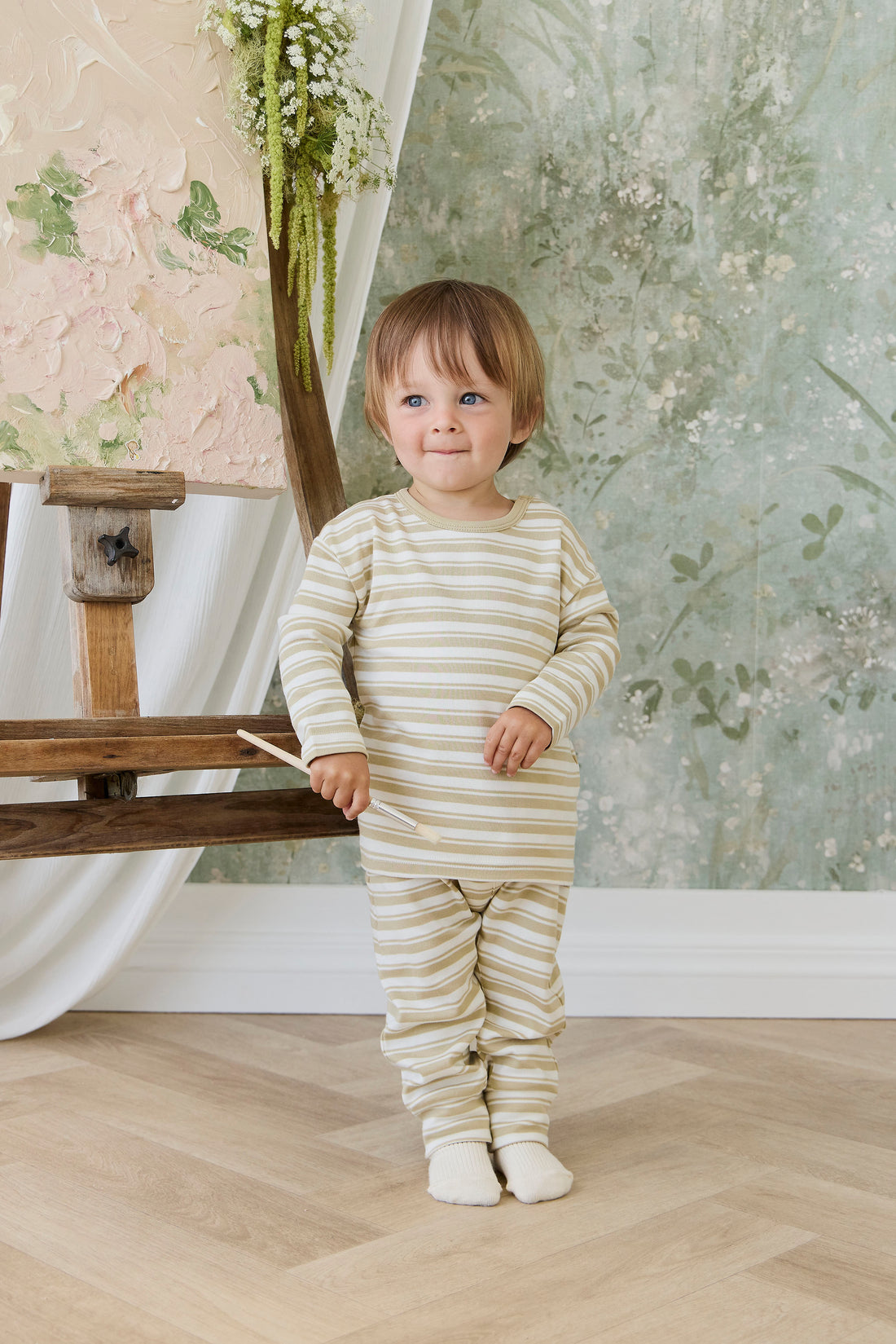 Pima Cotton Arnold Long Sleeve Top - Double Stripe Hay/Cloud Childrens Top from Jamie Kay NZ