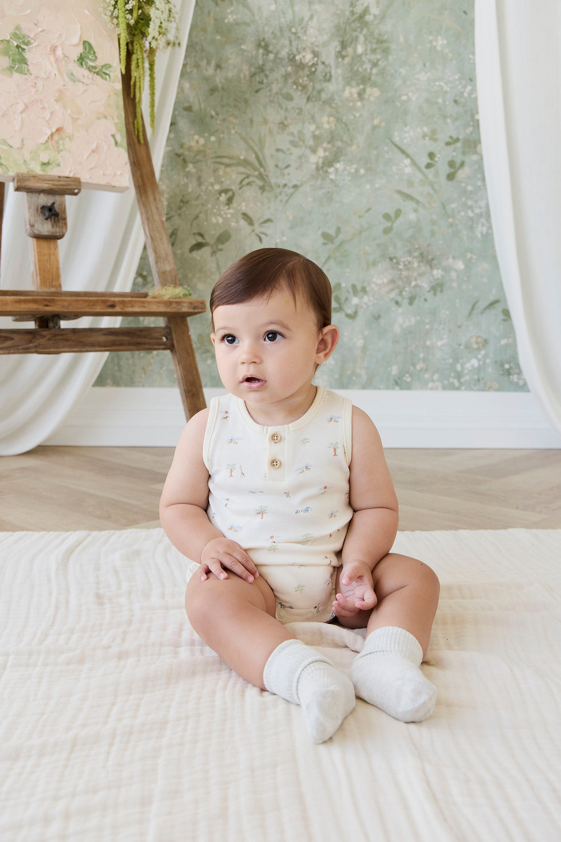 Organic Cotton Archie Playsuit - Savannah Animals Tofu Childrens Playsuit from Jamie Kay NZ