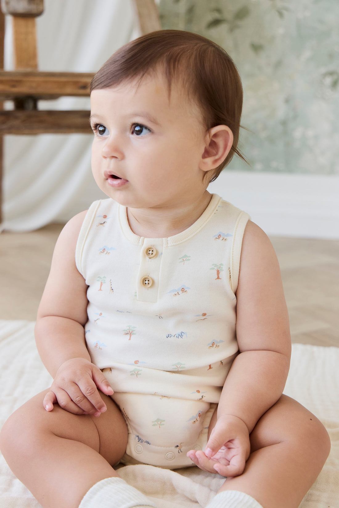 Organic Cotton Archie Playsuit - Savannah Animals Tofu Childrens Playsuit from Jamie Kay NZ