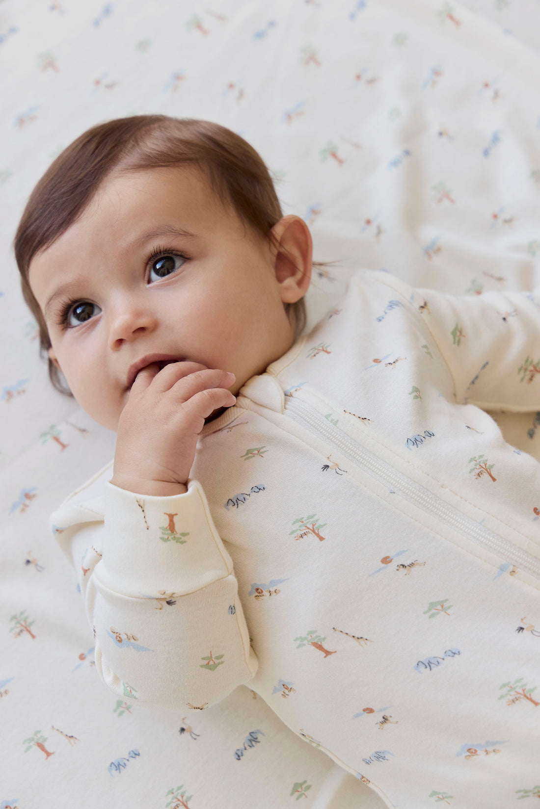 Organic Cotton Reese Zip Onepiece - Savannah Animals Tofu Childrens Onepiece from Jamie Kay NZ
