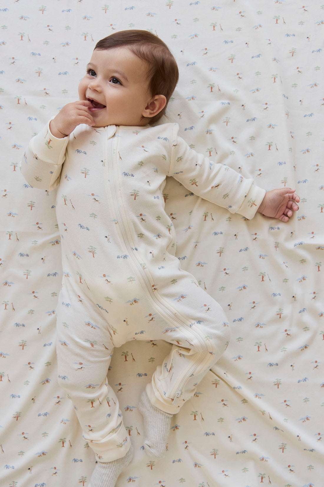 Organic Cotton Reese Zip Onepiece - Savannah Animals Tofu Childrens Onepiece from Jamie Kay NZ