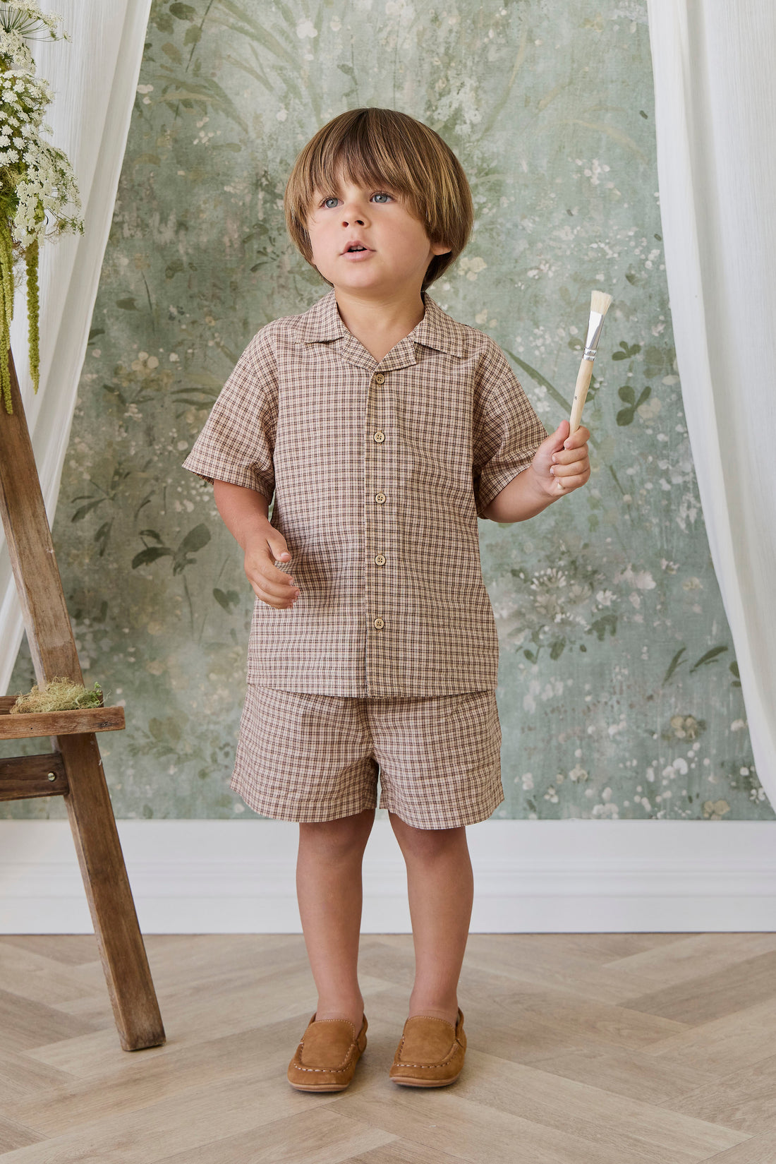 Organic Cotton Silas Shirt - Cabin Check Cocoa Childrens Top from Jamie Kay NZ