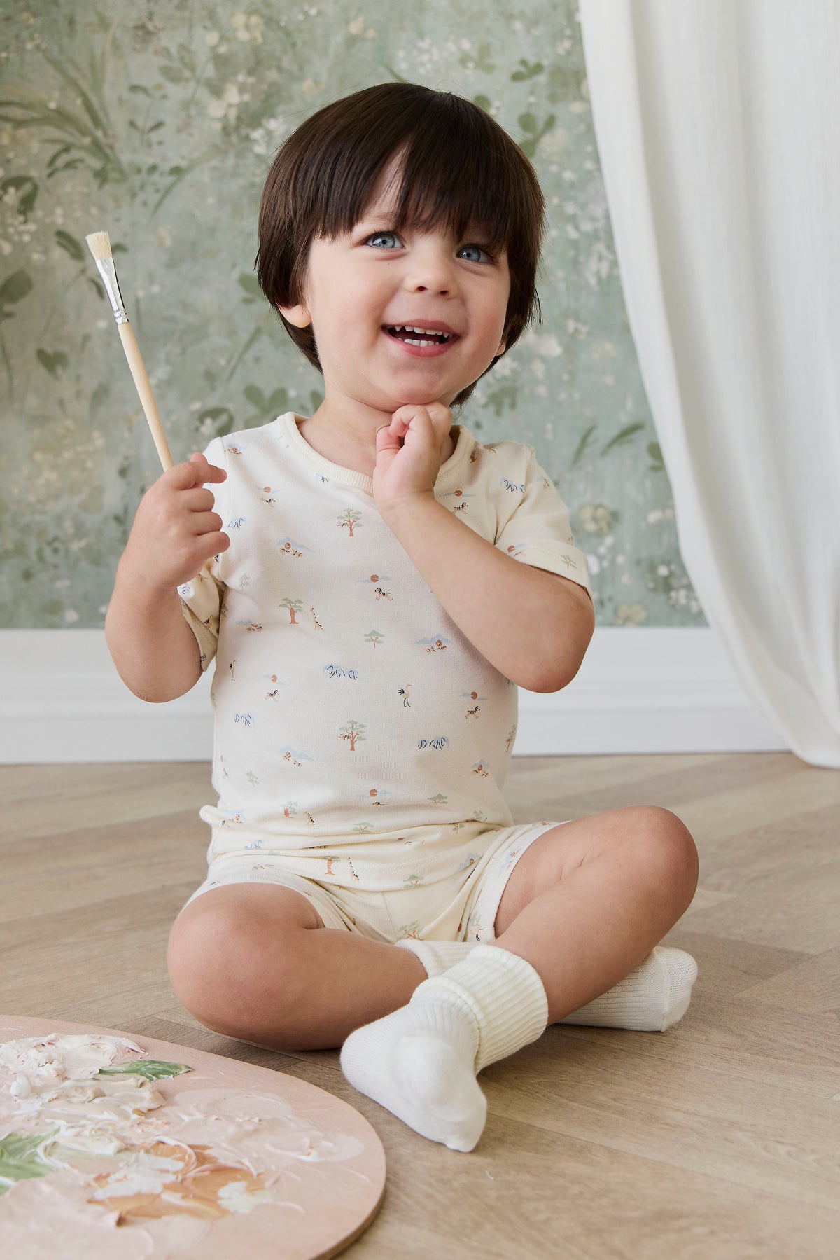 Organic Cotton Baker Short Sleeve Pyjama Set - Savannah Animals Tofu Childrens Pyjama from Jamie Kay NZ