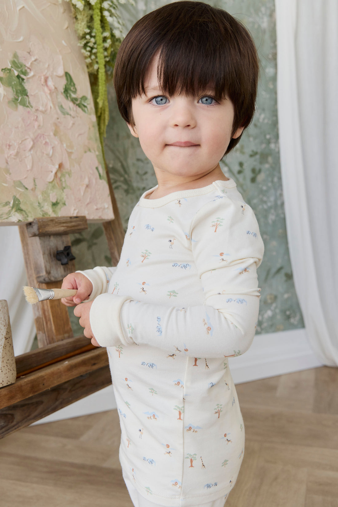 Organic Cotton Amory Long Sleeve Pyjama Set - Savannah Animals Tofu Childrens Pyjamas from Jamie Kay NZ
