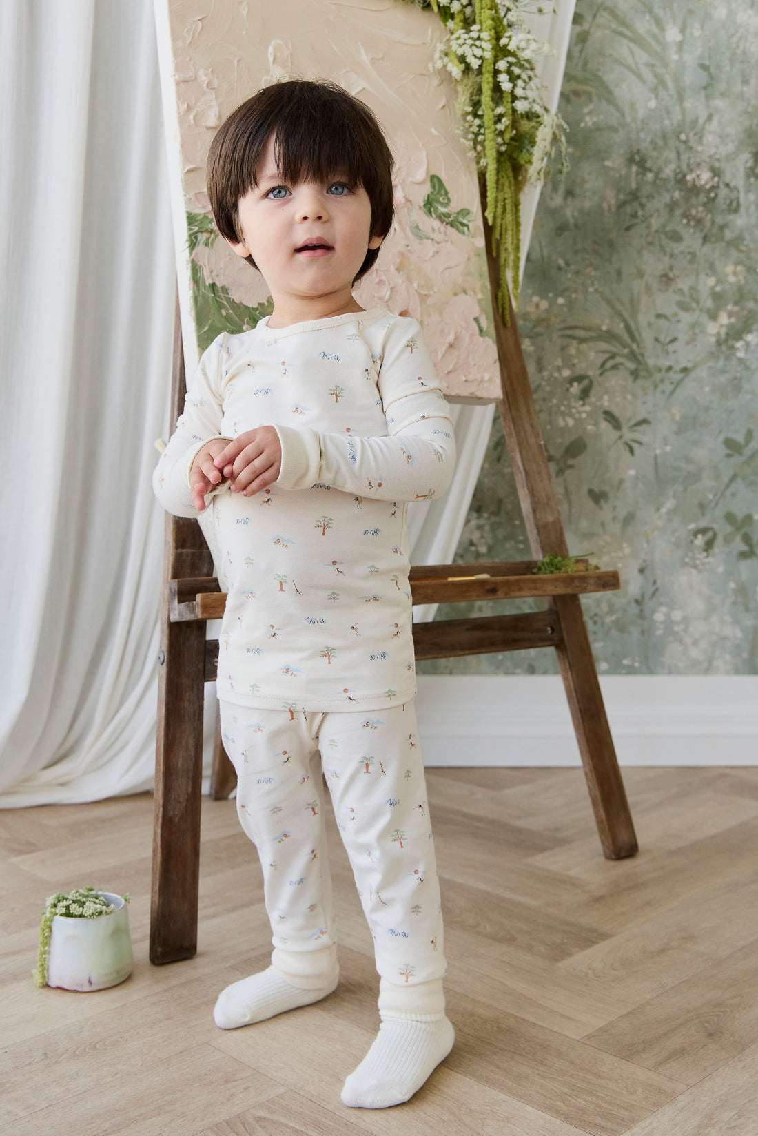 Organic Cotton Amory Long Sleeve Pyjama Set - Savannah Animals Tofu Childrens Pyjamas from Jamie Kay NZ