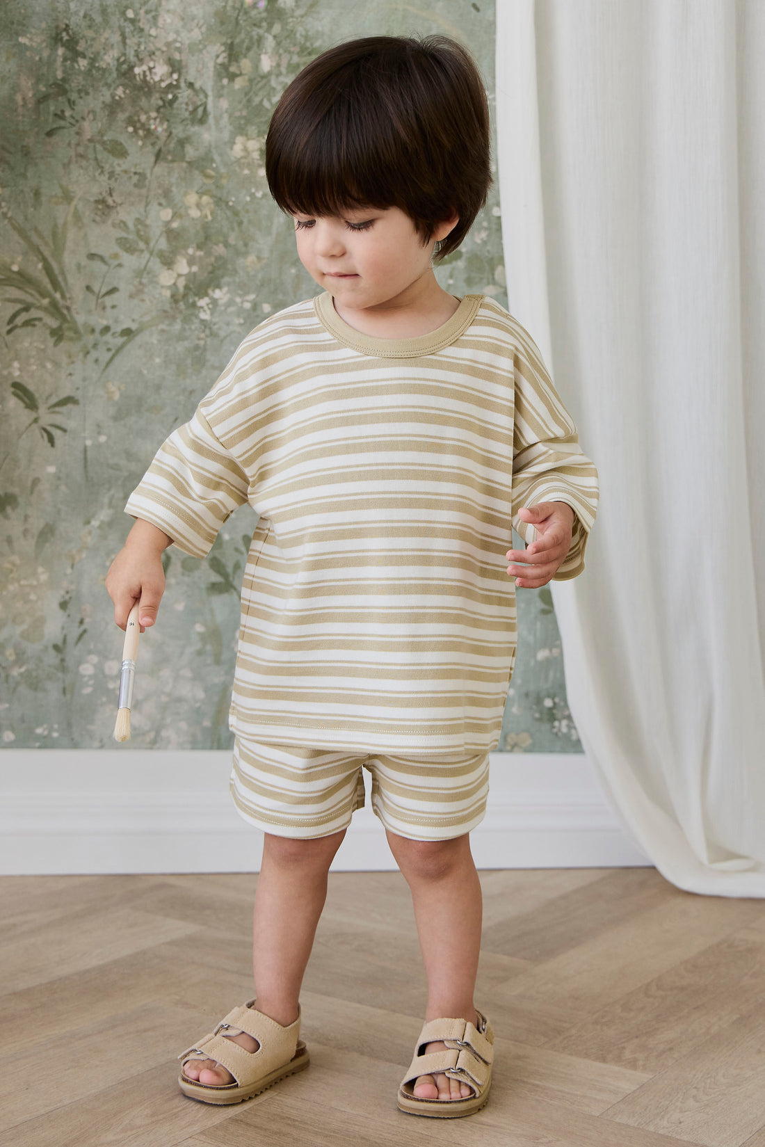 Pima Cotton Wesley Short - Double Stripe Hay/Cloud Childrens Shorts from Jamie Kay NZ