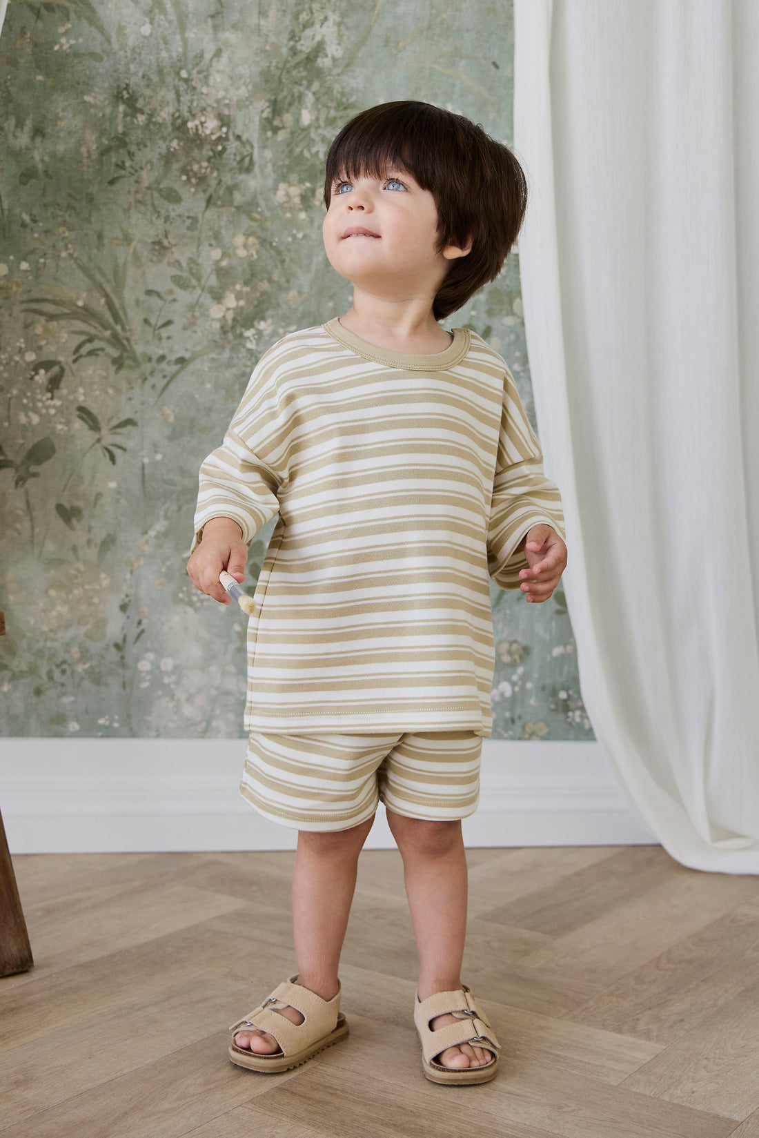 Pima Cotton Wesley Short - Double Stripe Hay/Cloud Childrens Shorts from Jamie Kay NZ