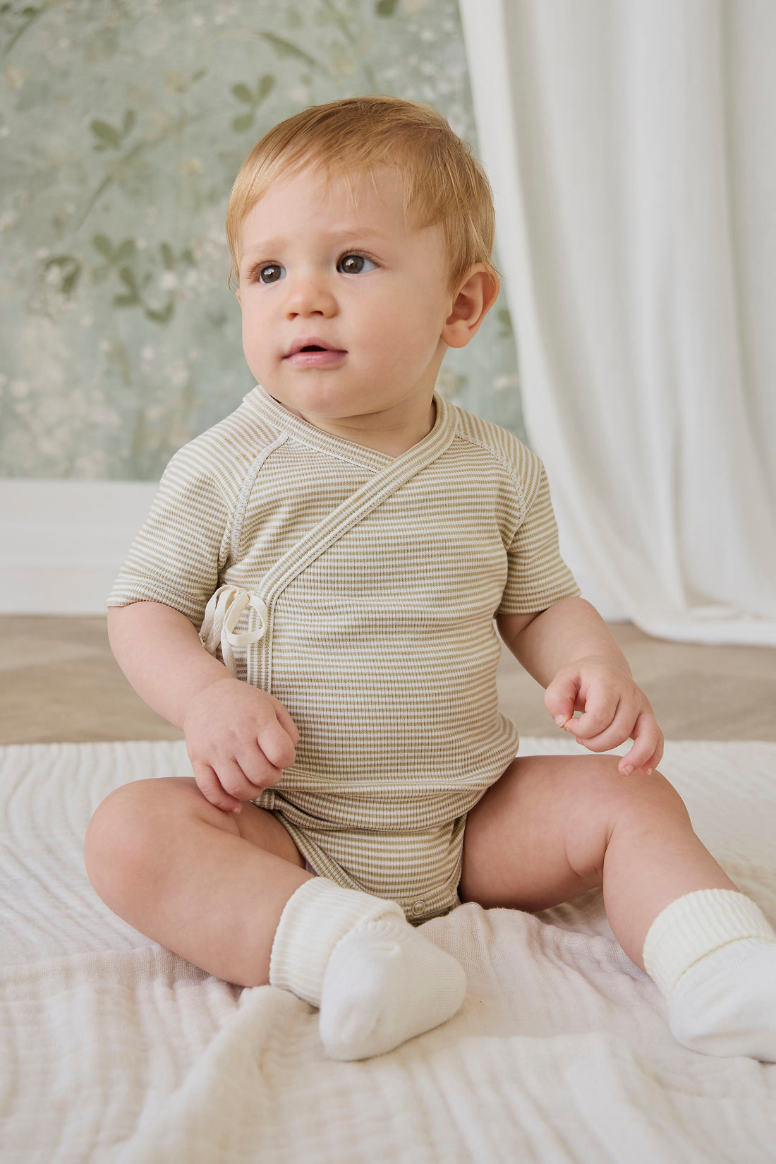 Organic Cotton Fine Rib Micah Short Sleeve Playsuit - Petite Stripe Hay/Cloud Childrens Playsuit from Jamie Kay NZ