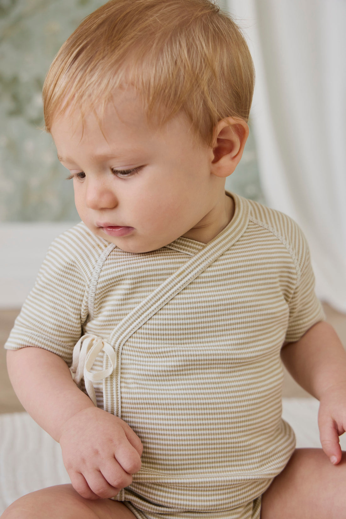 Organic Cotton Fine Rib Micah Short Sleeve Playsuit - Petite Stripe Hay/Cloud Childrens Playsuit from Jamie Kay NZ