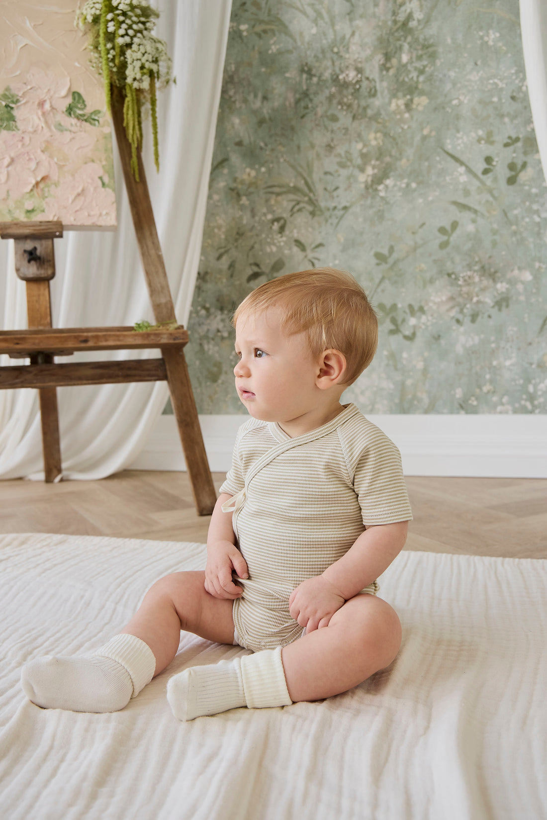 Organic Cotton Fine Rib Micah Short Sleeve Playsuit - Petite Stripe Hay/Cloud Childrens Playsuit from Jamie Kay NZ