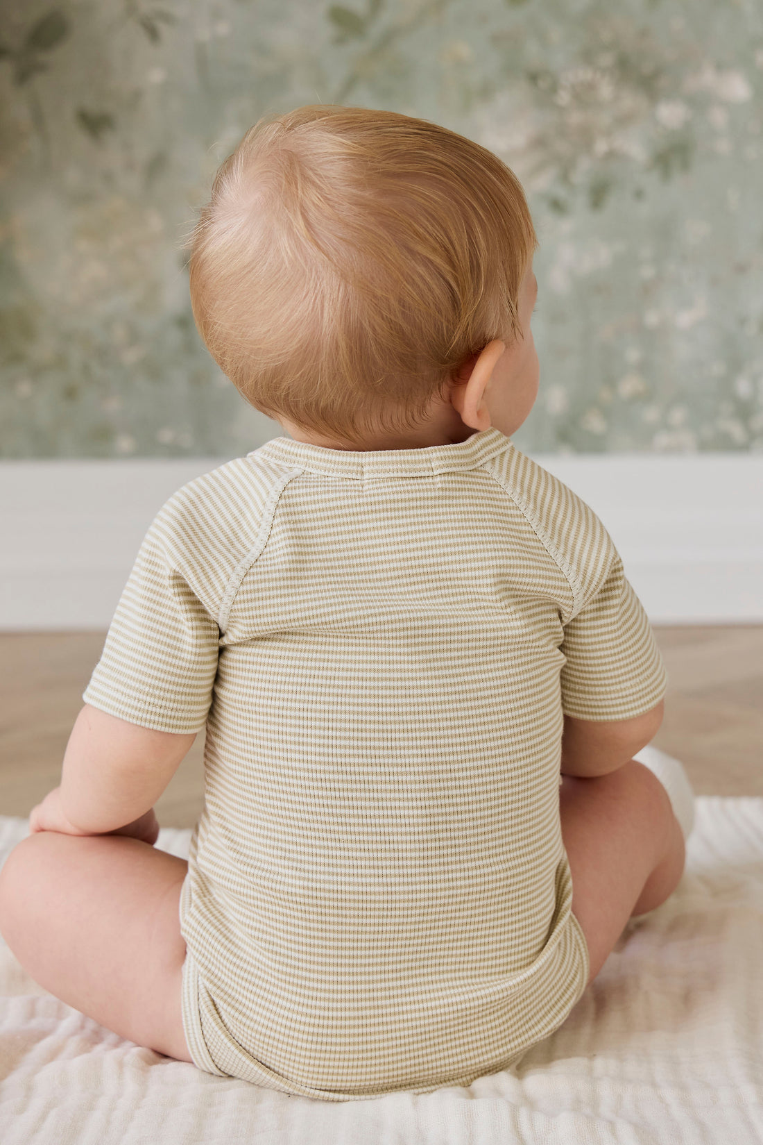 Organic Cotton Fine Rib Micah Short Sleeve Playsuit - Petite Stripe Hay/Cloud Childrens Playsuit from Jamie Kay NZ