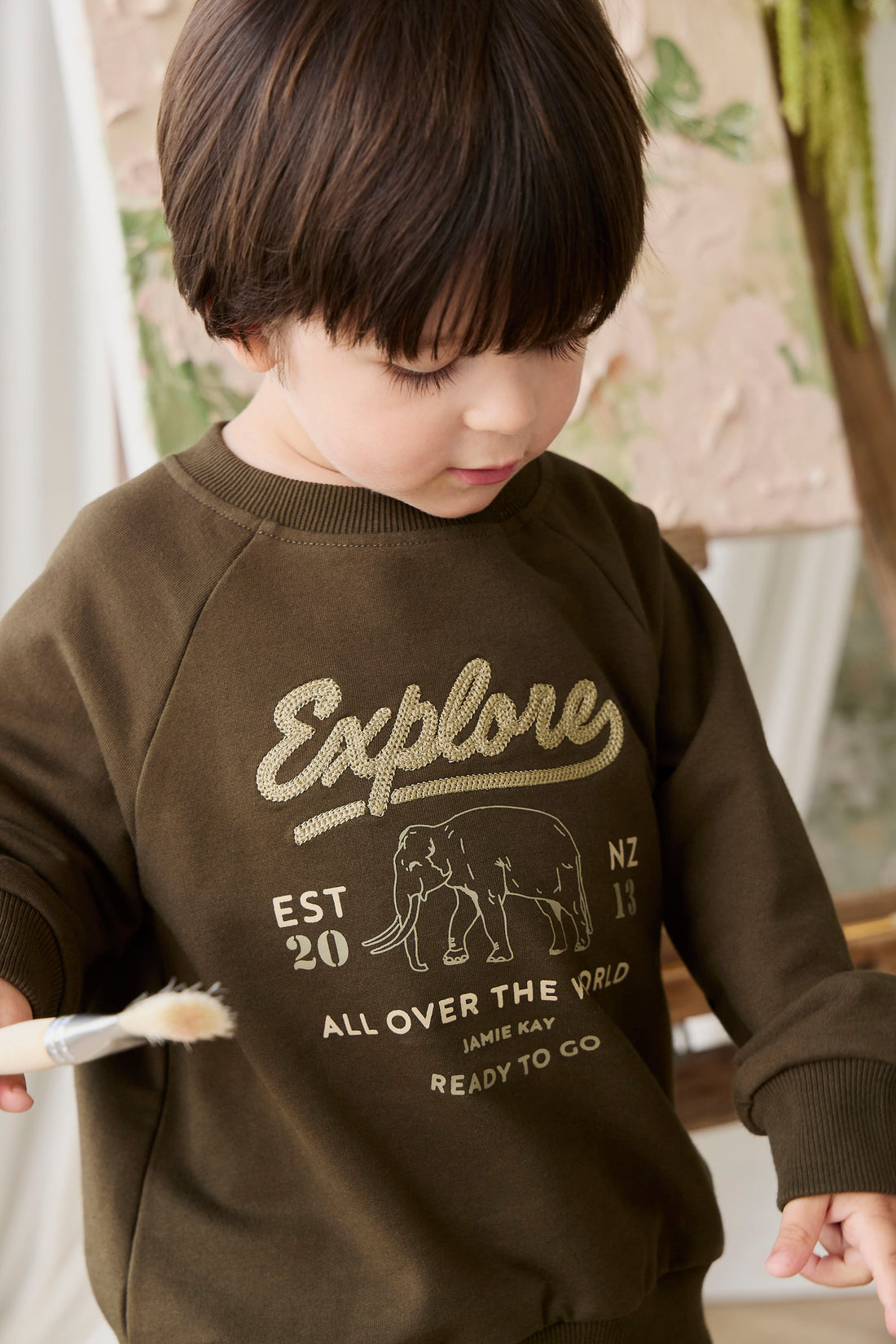 Organic Cotton Duncan Sweatshirt - Deep Olive Elephant Explore Childrens Sweatshirt from Jamie Kay NZ