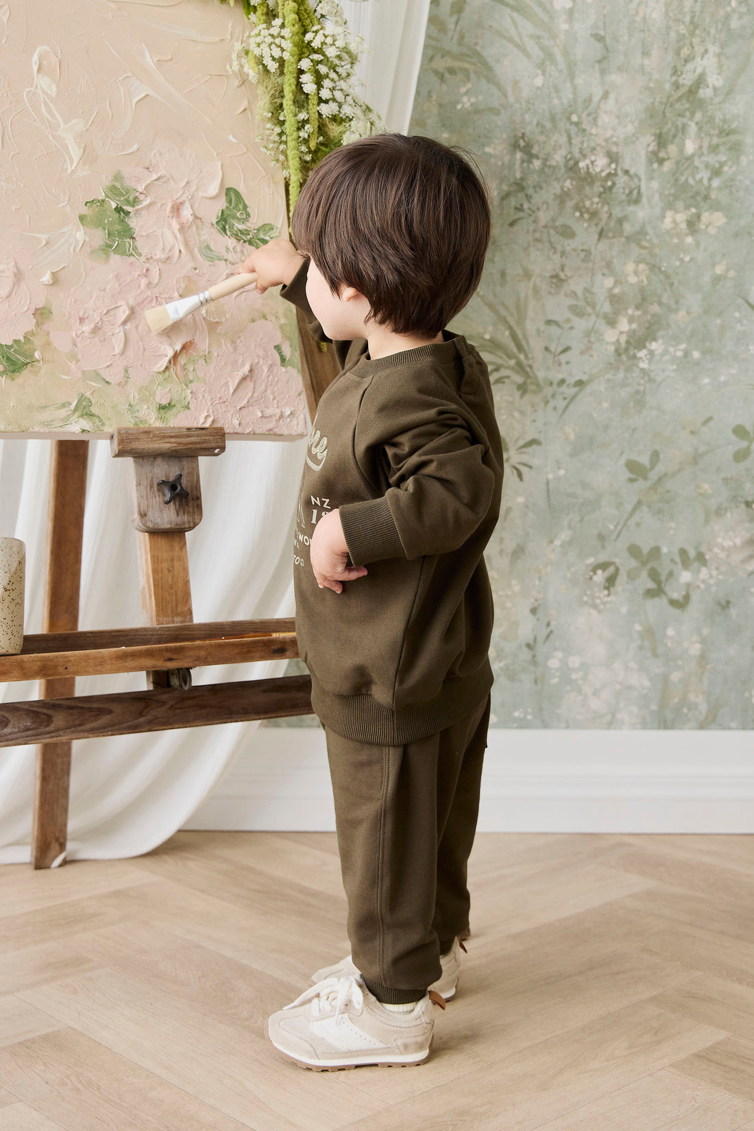 Organic Cotton Duncan Sweatshirt - Deep Olive Elephant Explore Childrens Sweatshirt from Jamie Kay NZ