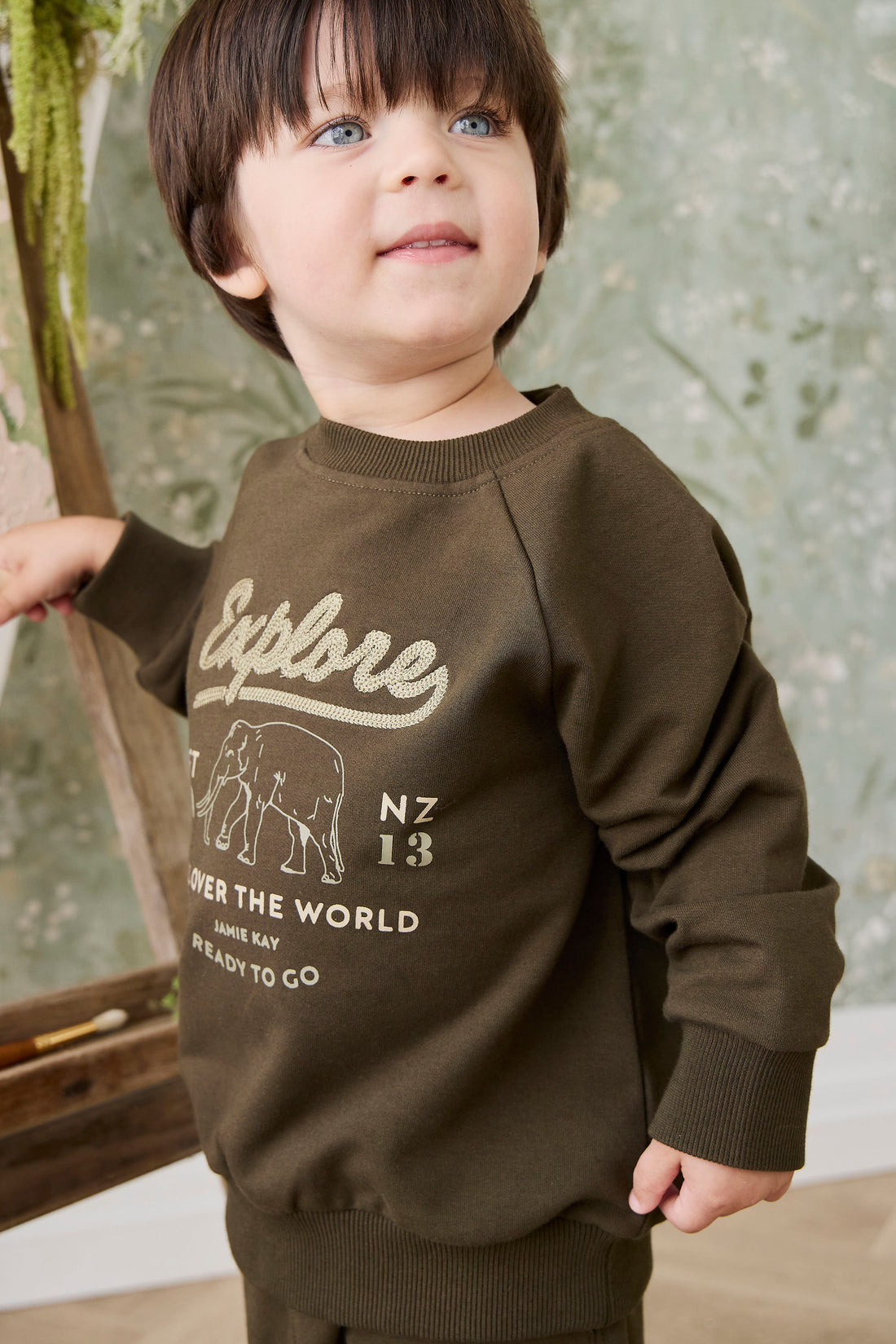 Organic Cotton Duncan Sweatshirt - Deep Olive Elephant Explore Childrens Sweatshirt from Jamie Kay NZ