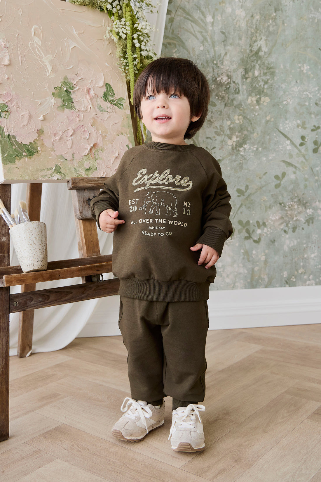 Organic Cotton Duncan Sweatshirt - Deep Olive Elephant Explore Childrens Sweatshirt from Jamie Kay NZ