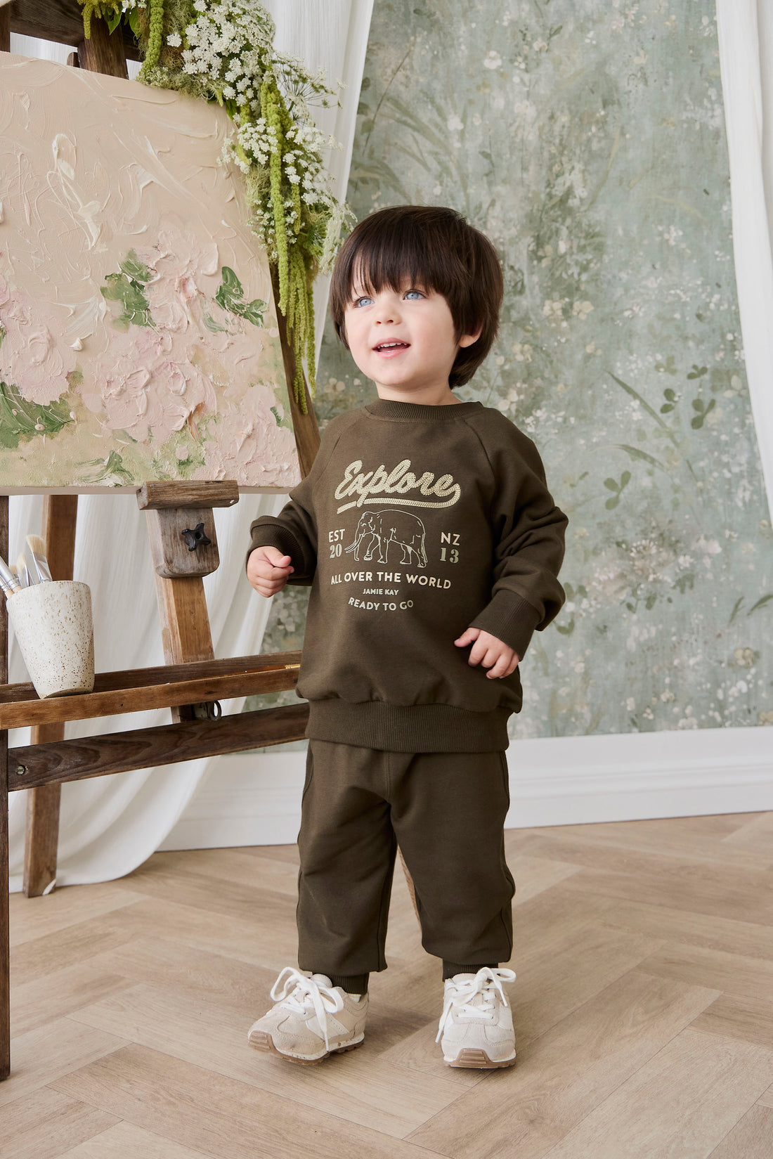 Organic Cotton Duncan Sweatshirt - Deep Olive Elephant Explore Childrens Sweatshirt from Jamie Kay NZ