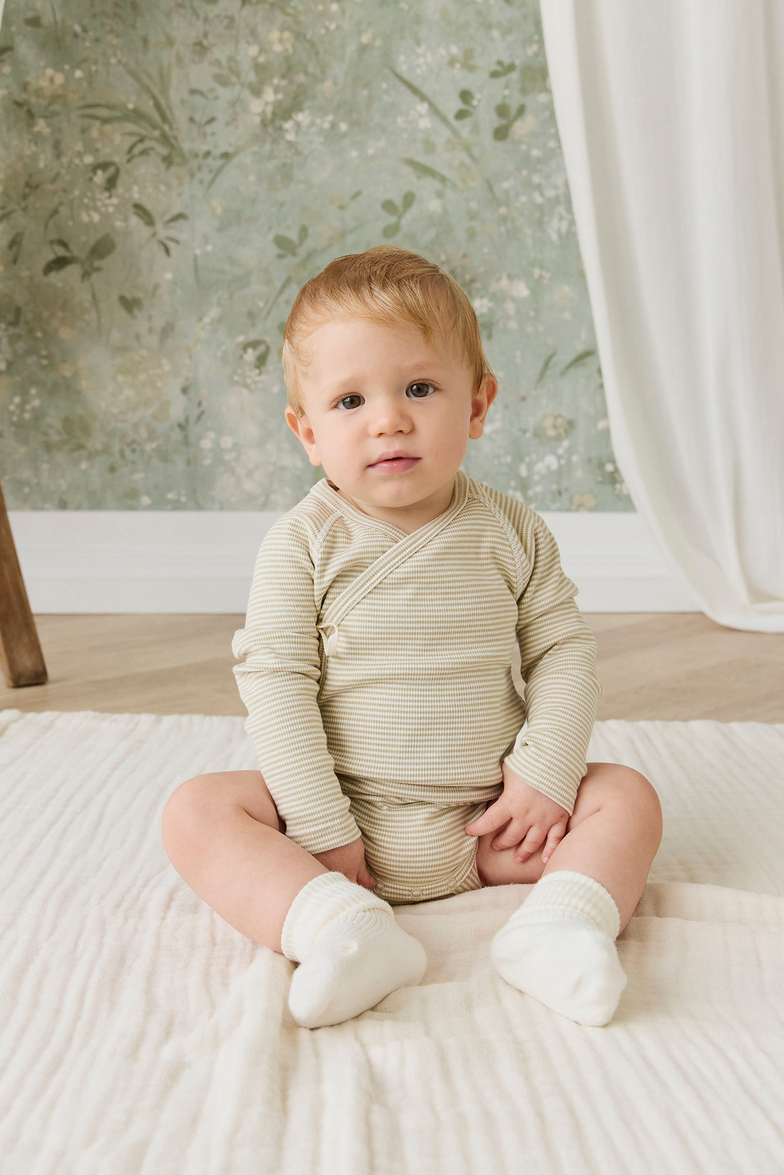 Organic Cotton Fine Rib Micah Long Sleeve Playsuit - Petite Stripe Hay/Cloud Childrens Playsuit from Jamie Kay NZ