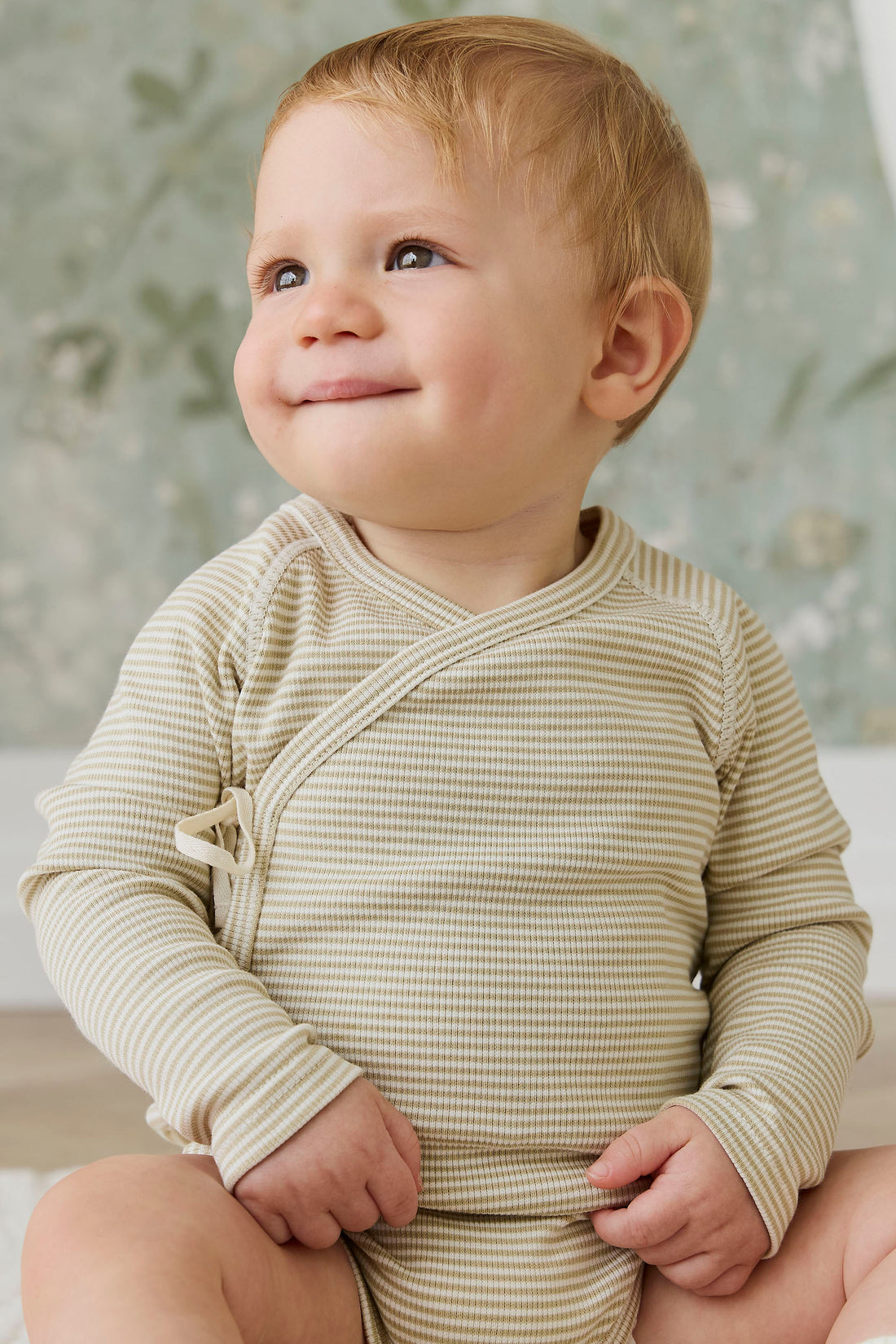 Organic Cotton Fine Rib Micah Long Sleeve Playsuit - Petite Stripe Hay/Cloud Childrens Playsuit from Jamie Kay NZ