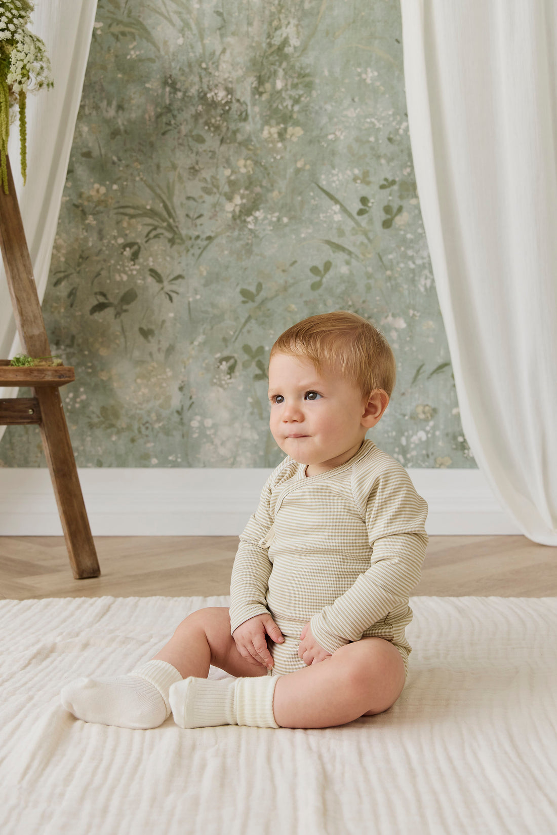 Organic Cotton Fine Rib Micah Long Sleeve Playsuit - Petite Stripe Hay/Cloud Childrens Playsuit from Jamie Kay NZ