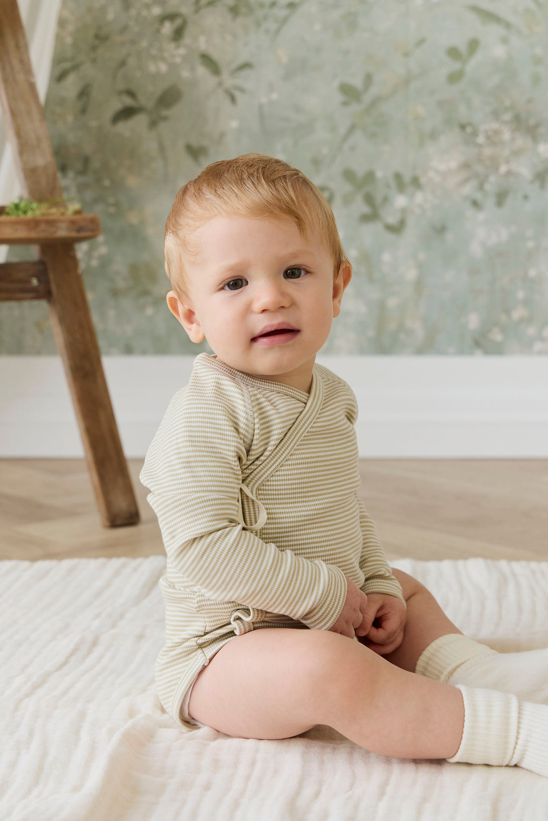 Organic Cotton Fine Rib Micah Long Sleeve Playsuit - Petite Stripe Hay/Cloud Childrens Playsuit from Jamie Kay NZ