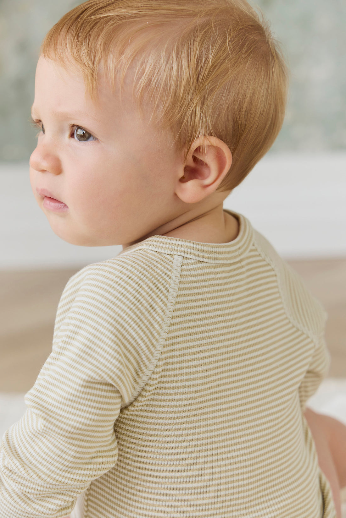 Organic Cotton Fine Rib Micah Long Sleeve Playsuit - Petite Stripe Hay/Cloud Childrens Playsuit from Jamie Kay NZ