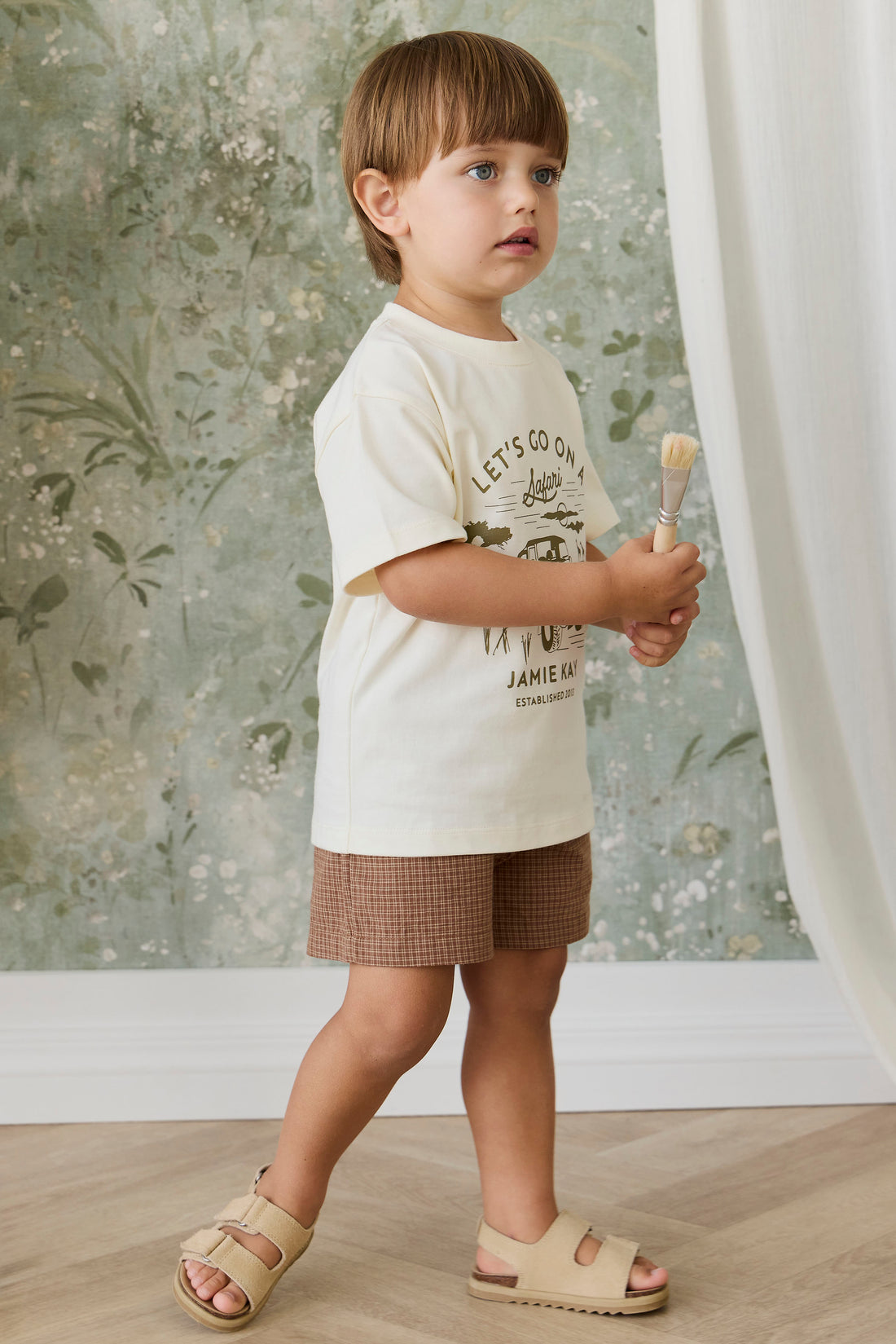 Organic Cotton Bjorn Tee - Parchment Safari Truck Childrens Top from Jamie Kay NZ