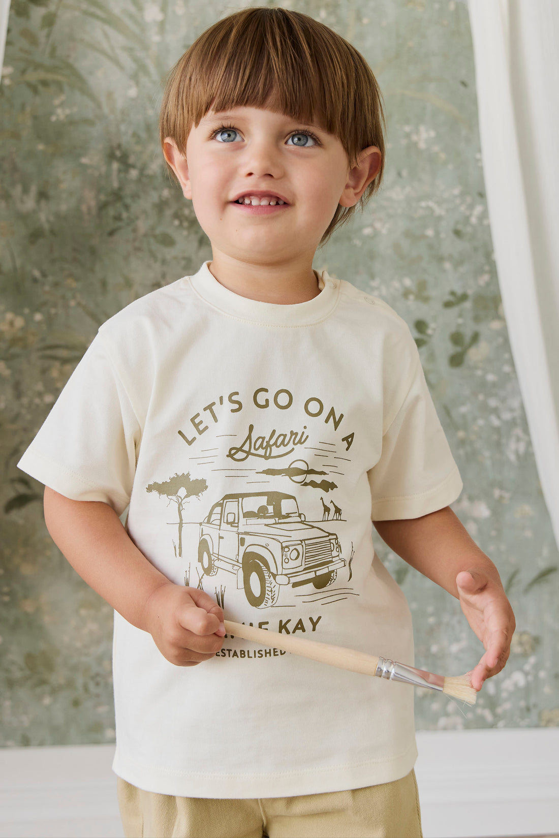 Organic Cotton Bjorn Tee - Parchment Safari Truck Childrens Top from Jamie Kay NZ