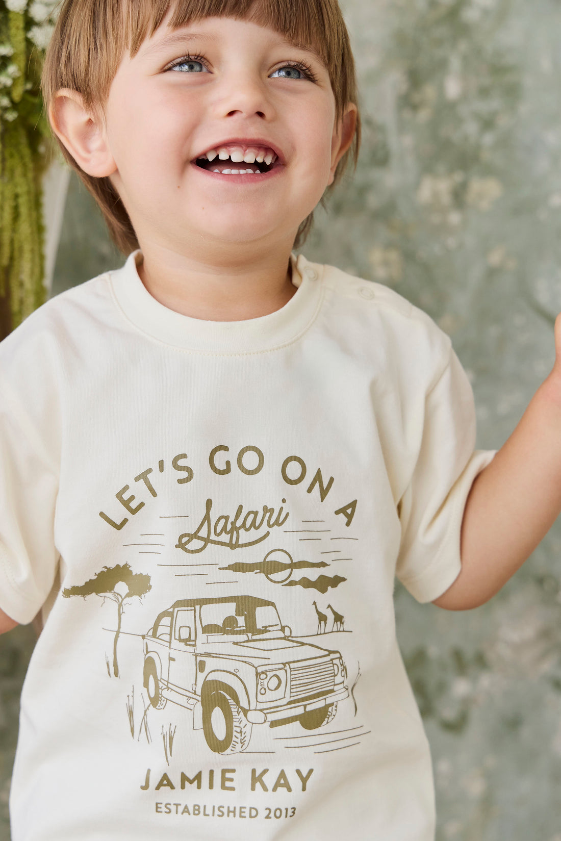 Organic Cotton Bjorn Tee - Parchment Safari Truck Childrens Top from Jamie Kay NZ