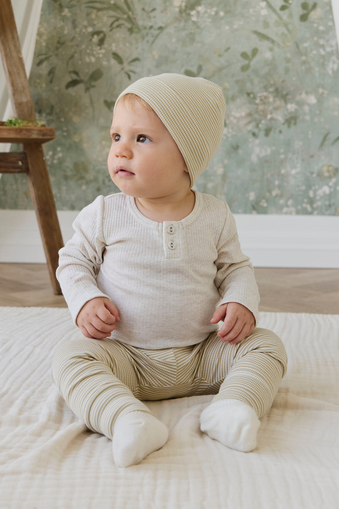 Organic Cotton Fine Rib Wiley Legging - Petite Stripe Hay/Cloud Childrens Legging from Jamie Kay NZ