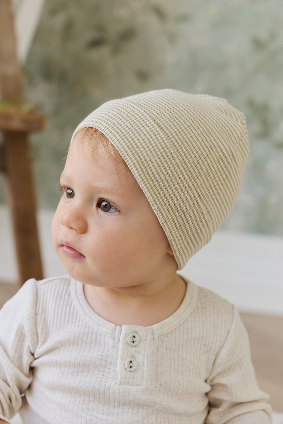 Organic Cotton Fine Rib Micah Beanie - Petite Stripe Hay/Cloud Childrens Hat from Jamie Kay NZ