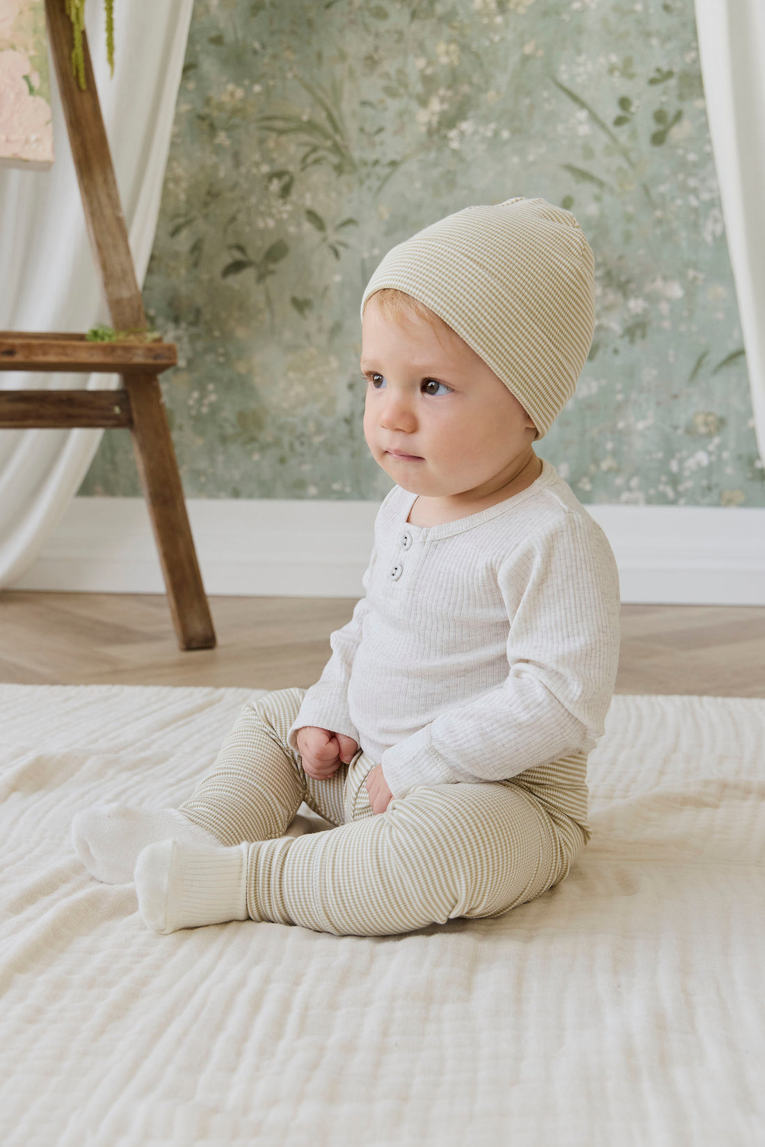 Organic Cotton Fine Rib Wiley Legging - Petite Stripe Hay/Cloud Childrens Legging from Jamie Kay NZ