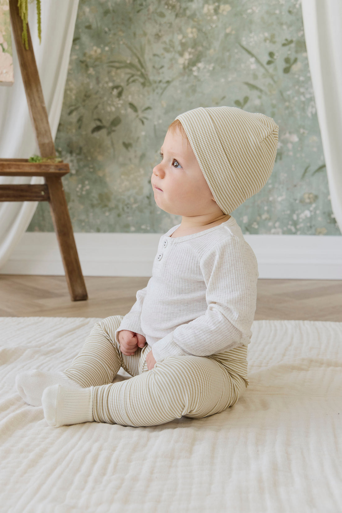 Organic Cotton Fine Rib Micah Beanie - Petite Stripe Hay/Cloud Childrens Hat from Jamie Kay NZ